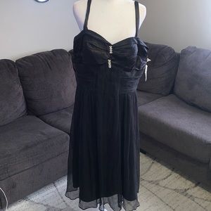 Black satin and sheer cocktail dress